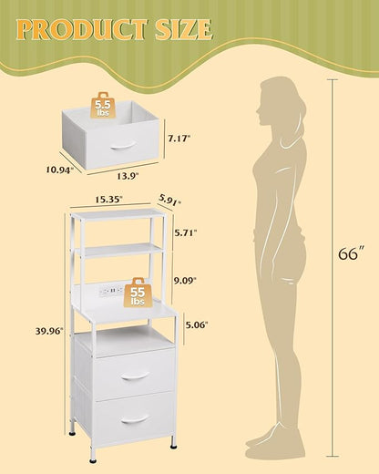 WLIVE Nightstand Set of 2 with Charging Station, LED Night Stands with 2 Fabric Drawers and 4 Storage Open Shelves, Bedside Table Sets for Bedroom, White