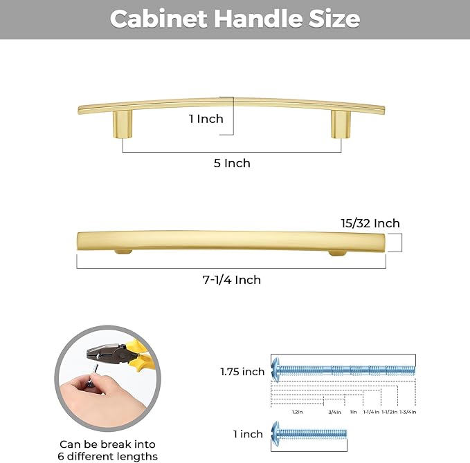 5 Pack Cabinet Handles 5" Hole Center - Curved Cabinet Pulls Brushed Brass Drawer Pulls for Kitchen Cupboard Solid Handles for Dresser Drawer Arch Closet Hardware