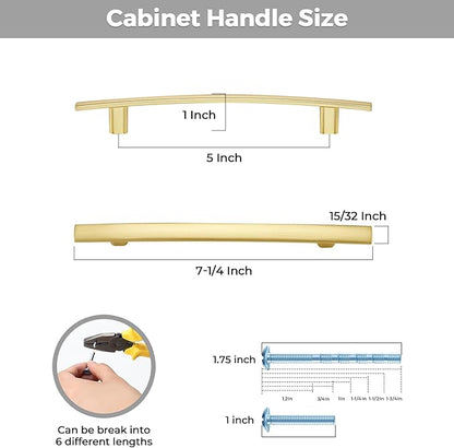 5 Pack Cabinet Handles 5" Hole Center - Curved Cabinet Pulls Brushed Brass Drawer Pulls for Kitchen Cupboard Solid Handles for Dresser Drawer Arch Closet Hardware