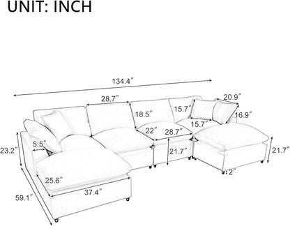 134.4 Inch U-Shaped Oversized Upholstered Sectional Sofa with Removable Ottomans, Large 6 Seater Modular Combination Corner Couch for Living Room, Office, Spacious Space, Beige
