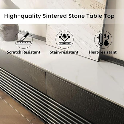 POVISON Fully-Assembled Mid Century Glossy Sintered Stone TV Stand, 118.11" Wood Media Console with Adjustable LED Light, Entertainment Center with Storage for Living Room(Black)