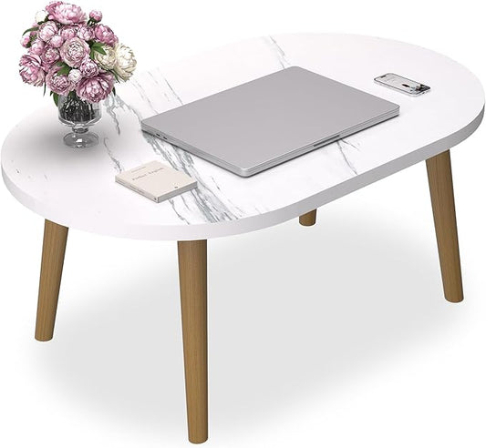 Small Coffee Table for Small Space, Low Table, Floor Table Desk for Sitting on The Floor, Japanese Coffee Table for Living Room, Tatami Tea Tables with Solid Wood Legs, Oval Coffee Tables, White