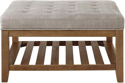 24KF Large Square Upholstered Tufted Linen Ottoman Coffee Table, Large Footrest Ottoman with Solid Wood Shelf-Linen