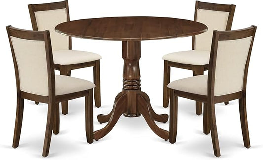 East West Furniture DLMZ5-AWA-32 5 Piece Dining Room Furniture Set Includes a Round Kitchen Table with Dropleaf and 4 Parson Chairs, 42x42 Inch, Antique Walnut