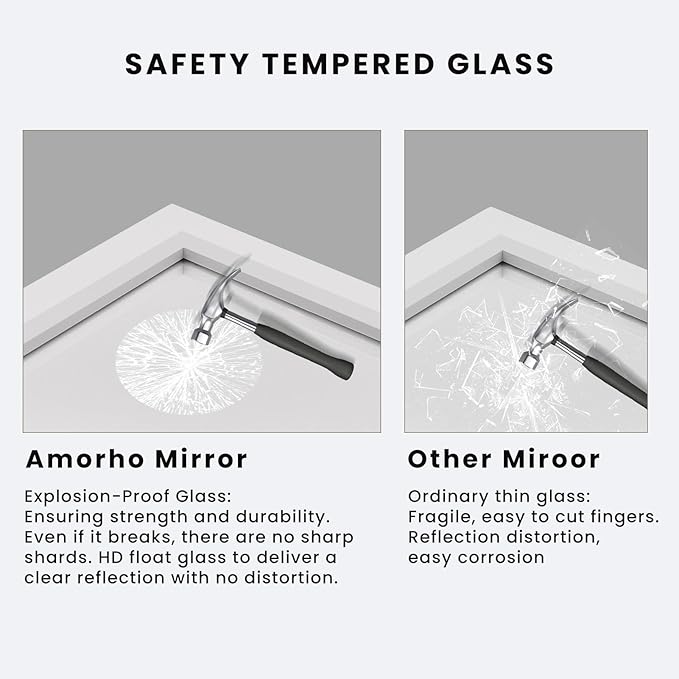 Amorho Bathroom Mirror, 48X32 Inch White Thick Metal Framed Wall Mirrors for Over 2 Sinks, Bedroom, Living Room, Entryway, Large Rectangle Wall-Mounted Mirrors.