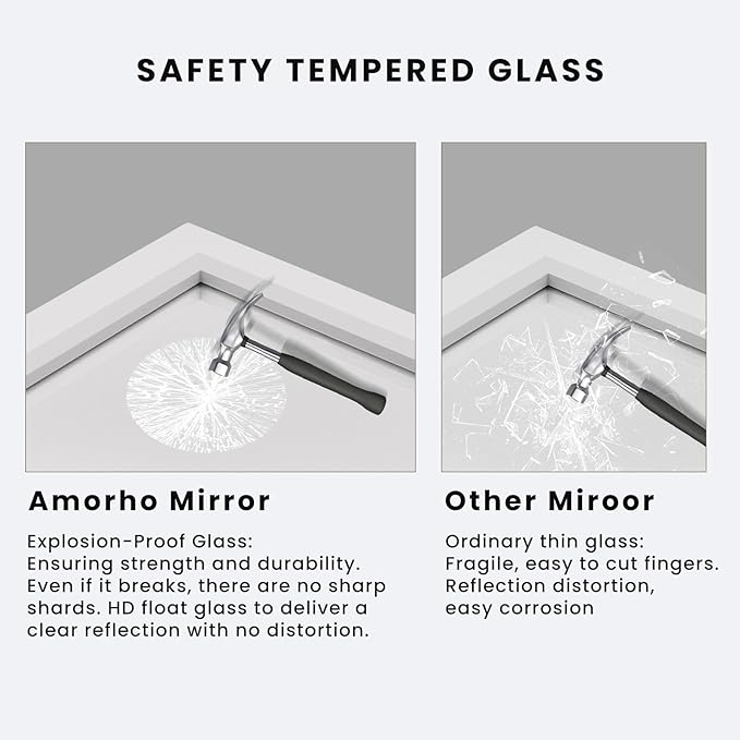 Amorho Bathroom Mirror, 60X28 Inch White Thick Metal Framed Wall Mirrors for Over 2 Sinks, Bedroom, Living Room, Entryway, Large Rectangle Wall-Mounted Mirrors.