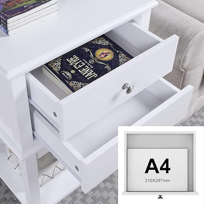 conifferism White Nightstand 2 Drawers and Storage Shelf, 28" High Bedroom Night Stand, Contemporary Modern Bed Side Table, Living Room Country Cottage 19" Wide End Table Metal Sliders