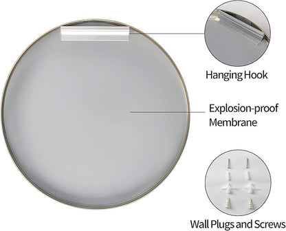 28 inch Gold Circle Wall Mirror, Brushed Brass Golden Metal Framed Round Mirror for Bathroom Vanity, Bedroom Decor, Living Room, Entryway