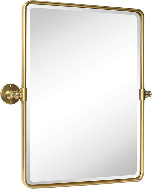 TEHOME 20 x 24 inch Farmhouse Gold Metal Framed Pivot Rectangle Bathroom Mirror Rounded Rectangluar Tilting Beveled Vanity Mirrors for Wall