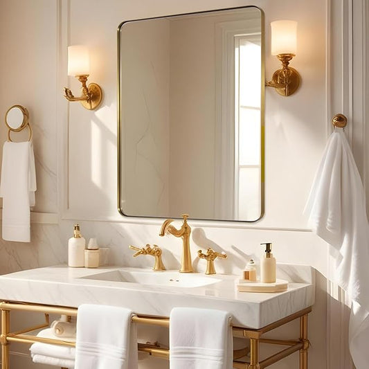 Brushed Gold Mirror 30"x36", Wall Mirror for Bathroom Vanity in Anti-Rust Metal Frame, Modern Rectangle Mirrors for Wall, Rounded Corners, Shatter-Proof, Hangs Horizontal/Vertical