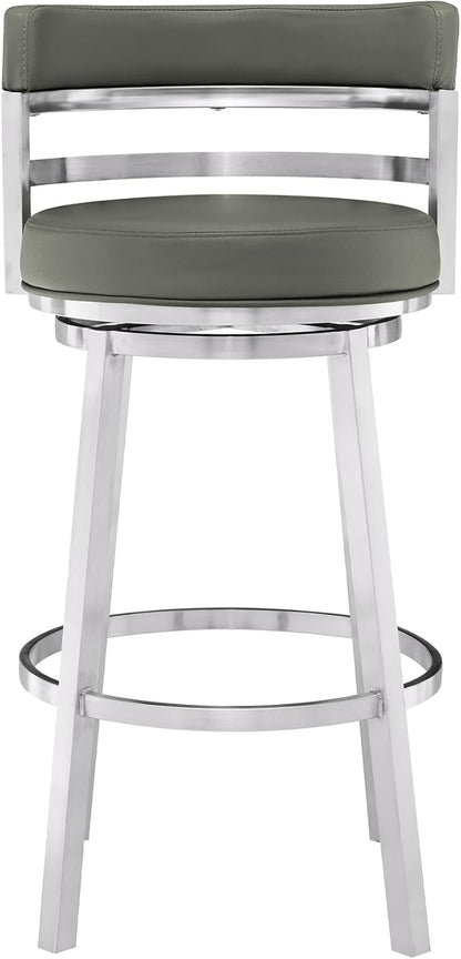 Armen Living Madrid 26" Counter Height Swivel Modern Gray Faux Leather and Brushed Stainless Steel Bar Stool for Kitchen Island Counter