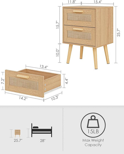 Masupu Rattan Night Stand,Modern nightstand Boho Bedside Table with 2 Drawer,Small End Side Table for Bedroom,Living Room,Office,Natural