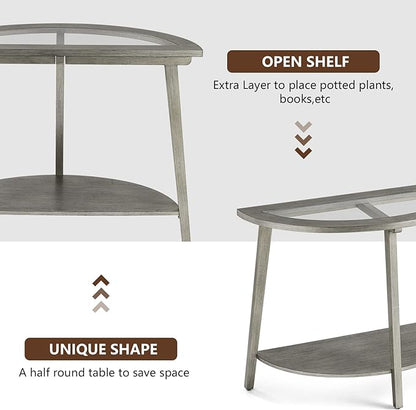 COSIEST 2-Tier Glass Console Table, Semi-Circular MDF Entryway Table with Storage Shelf, Modern Wood Sofa Side Table for Bedroom Living Room Hallway, Antique Silver