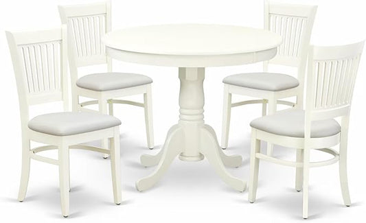 East West Furniture ANVA5-LWH-C 5 Piece Dining Room Table Set Includes a Round Kitchen Table with Pedestal and 4 Linen Fabric Upholstered Dining Chairs, 36x36 Inch, Linen White