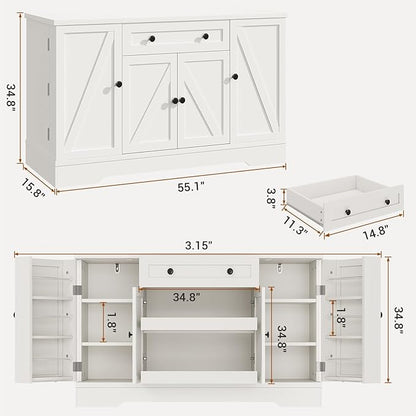 55" Buffet Cabinet with Storage, Kitchen Buffet Sideboard with Pull-Out Shelves and Drawer, Wood Farmhouse Coffee Bar Cabinet with 4 Adjustable Shelves, Kitchen Pantry for Living Room, White