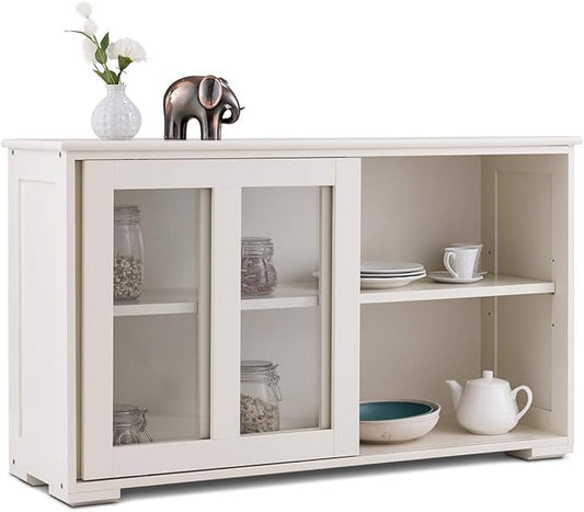 Costzon Sideboard Buffet Cabinet, Wooden Kitchen Storage Cabinet with Adjustable Shelf, Sliding Glass Doors, Accent Coffee Bar Cabinet Console Table for Living Room, Dining Room, Hallway (Cream White)