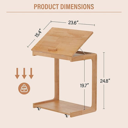 CozyDH Adjustable C Shaped End Table, Rolling Side Table Solid Wood TV Sofa Tray Table for Couch Arm Eating Multi-Purpose, Small Coffee Table with Wheels Living Room Bedroom, Cherry