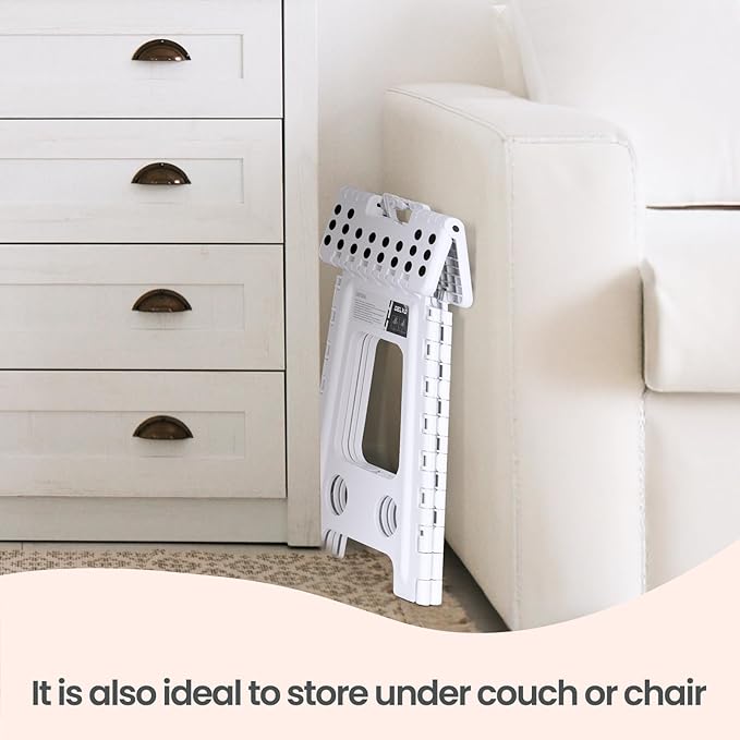 Delxo 16 Inch Folding Step Stool, White Step Stools Foldable,Portable Collapsible Step Stool with Handle, Folding Stool for Kitchen Bathroom,Bedroom,Garden