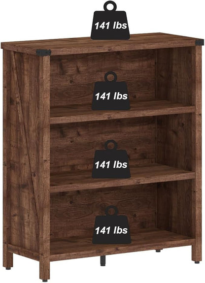 BON AUGURE Rustic Short Bookshelf, 3 Shelf Bookcase, Small Wood Low Book Cases/Shelves, Farmhouse Storage Tier Book Shelves for Home Office, Living Room, Small Space (Rustic Oak)