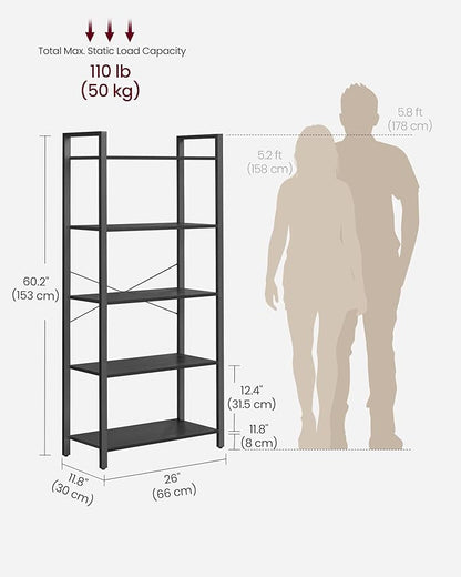VASAGLE 5-Tier Bookshelf, Bookcase with Steel Frame, Book Shelf for Living Room, Home Office, Study, 11.8 x 26 x 60.2 Inches, Industrial Style, Ebony Black and Ink Black ULLS061B56