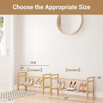 Haddockway Bamboo Shoe Rack for Closet, Free Standing Shoe Organizer with Smooth Round Rods & Convenient Handles, Stackable Shoe Storage Shelf for Entryway, Hallway(Natural, 2-Tier)