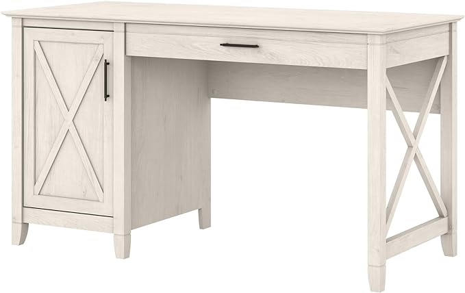 Bush Furniture Key West Computer Desk with Storage, Farmhouse PC Table for Home Office in Linen White Oak, 54W x 24D
