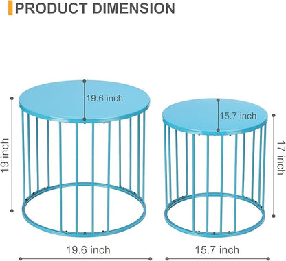 LEWIS&WAYNE Outdoor Side Table Set of 2, Metal Circle Accent End Tables for Balcony Backyard Garden Indoor Living Room, Durable Blue Nesting Coffee Tables, 20”+16” Dia