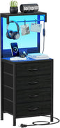 Furnulem Tall Nightstand with Charging Station, Night Stands with LED Lights and Storage Shelves, Bed Side Table for Bedroom, Hallway, Office, 4 Fabric Drawers (Black Oak)