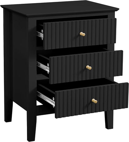 OCANDO Fluted Black Nightstand 19", 3 Drawers Night Stand, Bed Side End Table for Small Living Room, Modern Bedroom Storage Cabinet