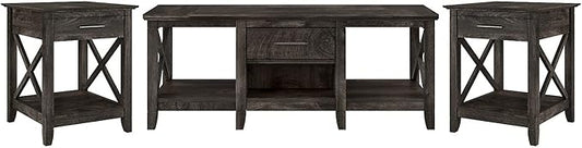 Bush Furniture Key West Coffee Table with Set of 2 End Tables in Dark Gray Hickory