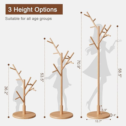 Coat Rack,Solid Wood Coat Rack Freestanding with 12 Hooks,Coat tree freestanding 3 Adjustable Heights for coat, Hats, Handbags，Coat Stand for Entryway,Bedroom (Natural)