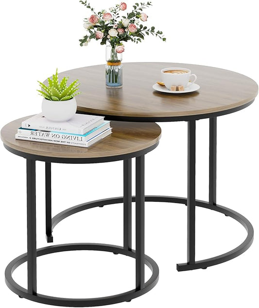 Garden 4 you Nesting Coffee Table, 23.6" Round Coffee Table Set of 2, Wooden Nesting Table Set with Metal Frame, Side Tables for Living Room Bedroom Balcony, Brown