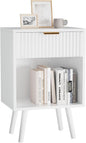 YMYNY Mid Century Modern Nightstand, Side Table, Fluted Night Stand with Drawer, Open Shelf Unit, Golden Handle, Solid Wood Legs, Bedside Table, for Bedroom, White UHST013W