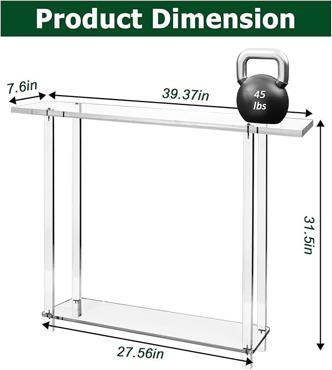 Acrylic Narrow Console Table for Entryway 7.6" D x 39.4" W x 31.5" H Clear Modern Skinny Bookshelf Slim Entry Table Waterfall Desk Furniture for Sofa Foyer Hallway Living Room Dining Room