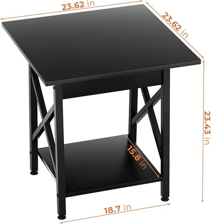 GreenForest End Table 24 inch for Living Room, Large Square Side Tables with X-Frame, Tall Industrial Bedside Nightstand with 2-Tier Storage, Black