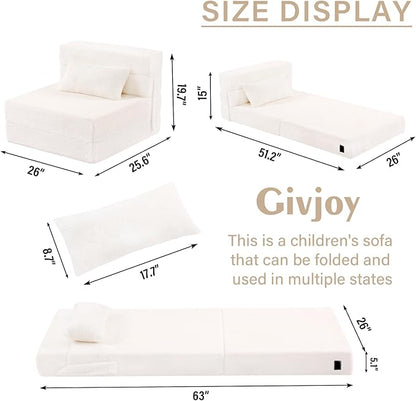 Folding Sofa Bed Beige Floor Mattress for Kids with Pillow, Toddler Washable Folded Floor Nap Mat Futon, Child Fold Up Sofa Folding Chair Bed with Storage Bag for Girls and Boys