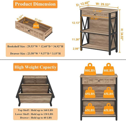 FATORRI Rustic Bookshelf with Drawer, Industrial Wood and Metal Bookcase, Small Short Book Shelf and Low Book case for Small Space (Rustic Oak)