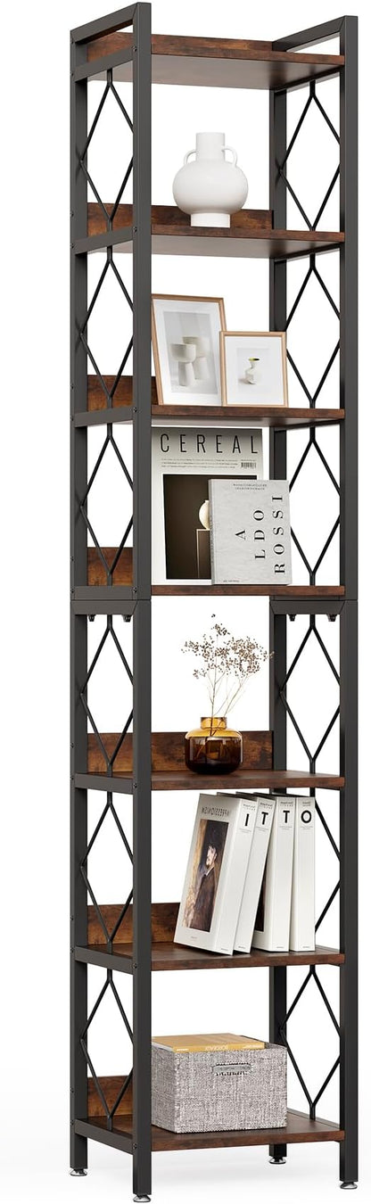 LITTLE TREE Corner Book Shelf, 78.7" Tall Narrow Bookcase, 7-Tier Skinny Wooden Display Shelves with Sturdy Metal Frame for Living Room, Modern Slim Standing Bookshelves for Office Shelf, Small Spaces