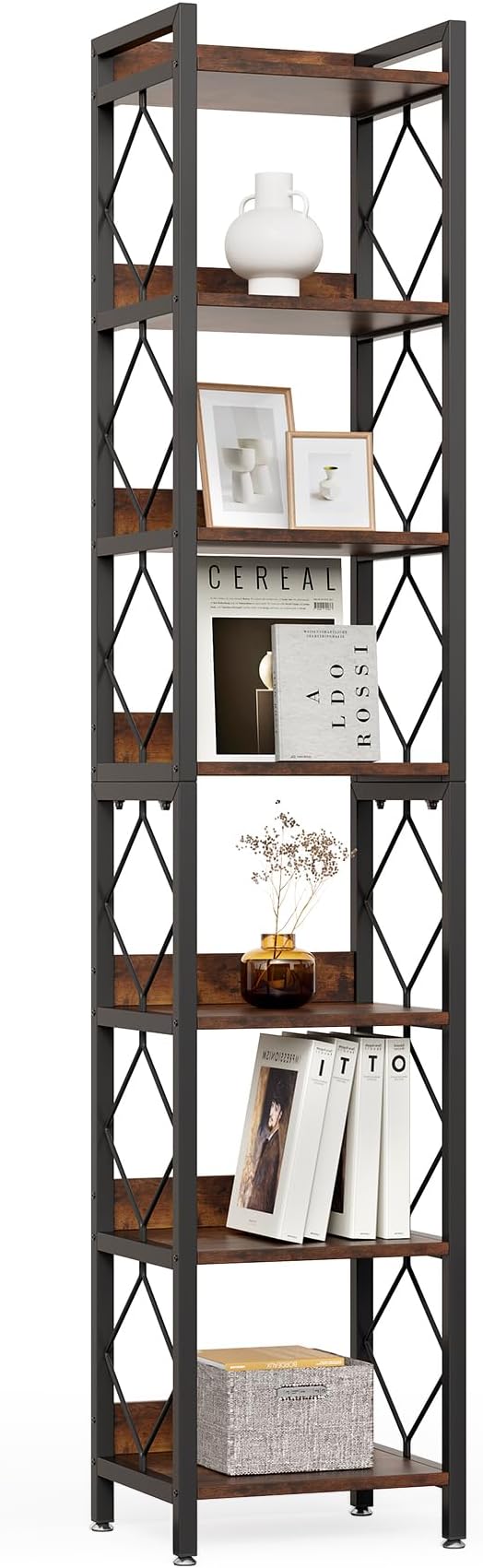 LITTLE TREE Corner Book Shelf, 78.7" Tall Narrow Bookcase, 7-Tier Skinny Wooden Display Shelves with Sturdy Metal Frame for Living Room, Modern Slim Standing Bookshelves for Office Shelf, Small Spaces