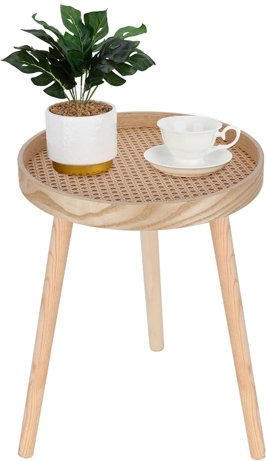 Small Side Table, Rattan Nightstand, Round End Boho Bedside Accent Mid-Century Modern Bed Tables for Living Room Bedroom Office Balcony(Natural Walnut)