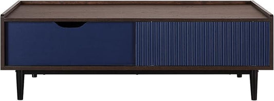 Manhattan Comfort Duane Mid Century Modern Coffee Table with Drawer & Cubby Shelf, Living Room Furniture with Ribbed Flat Design, Wood Grain Laminate Finish & Durable Iron Metal Feet, Navy Blue