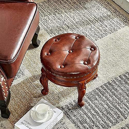 Solid Wood Foot Stool Round Ottoman Mid-Century Footrest Sofa Stool with Microfiber Leather Cushion for Living Room, Bedroom, Entryway (Brown)
