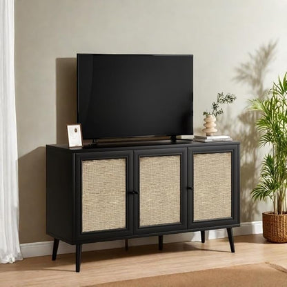 Rattan Entryway Table, Entertainment Center with Adjustable Shelf, Sideboard Buffet Cabinet with 3 Rattan Doors, Modern Console Cabinet with Large Storage for Living Room, Kitchen, Black