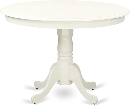 East West Furniture HLAV5-LWH-W 5 Piece Kitchen Table Set for 4 Includes a Round Dining Room Table with Pedestal and 4 Solid Wood Seat Chairs, 42x42 Inch, Linen White
