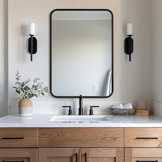 ANDY STAR Black Bathroom Mirrors for Wall, 22X30 Inch Rounded Rectangle Mirror, Matte Black Bathroom Vanity Mirror, Tube Metal Framed Wall-Mounted Mirror Horizontally or Vertically