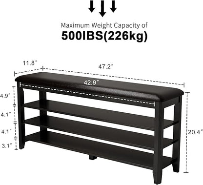 Shoe Bench with Leather Cushion, 3 Tiers Shoe Storage Bench Height Adjustable, Walnut Wood Entryway Bench for Hallway, Mudroom