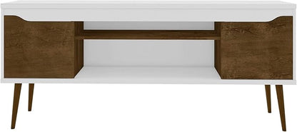 Manhattan Comfort Bradley Mid Century Modern TV Stand for Televisions up to 60 Inches, Living Room Entertainment Center with Storage, Media Shelves and Soft Close Doors, White/Rustic Brown