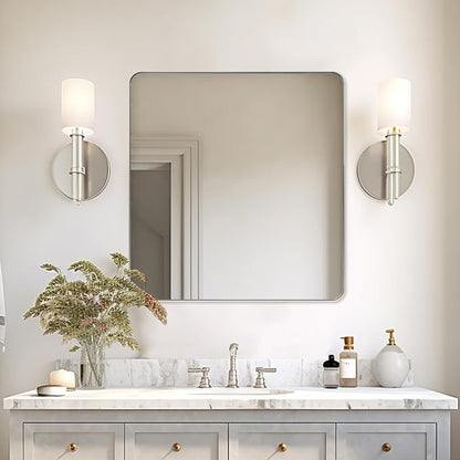 ANDY STAR Square Brushed Nickel Mirror for Bathroom, 24”x24” Silver Metal Frame Wall Mirror, Rounded Corner Stainless Steel Mirror Hangs Horizontal Or Vertical