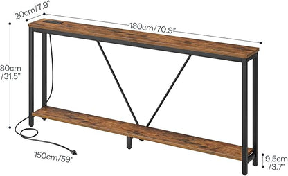 HOOBRO 70.9" Extra Long Sofa Console Table with Charging Station, 2-Tier Behind Couch Table with V-Brace, for Narrow Entryway, Hallway, Living Room, Rustic Brown BF186UXG01