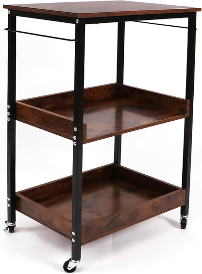 3-Tier Rolling Utility Cart with Table Top- Wooden Utility Cart wit Wheels- Kitchen Storage Microwave Table Stand, Mesh Shelves, for Living and Kitchen Room Office (Brown)